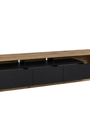Meuble TV 3 tiroirs 200 cm Asten Noir et Bois Authentique