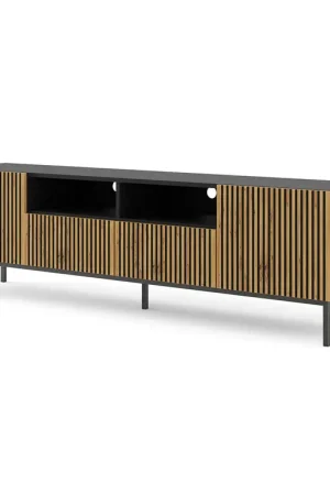 Meuble TV 2 portes 2 tiroirs 200 cm Philaé Bois et Noir Dernier Modèle