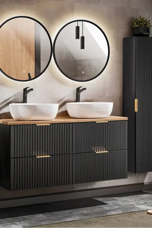 Ensemble meuble double vasque 120cm et colonne Adriel Noir et Bois Offre Spéciale