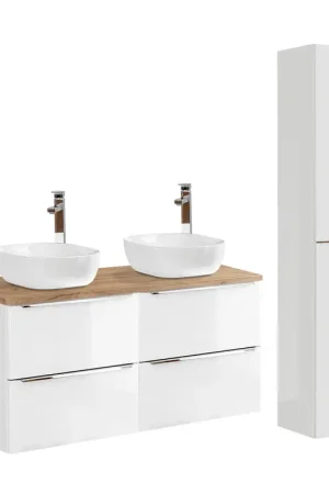 Meilleur Choix Ensemble meuble double vasque 120cm et colonne April Blanc et Bois