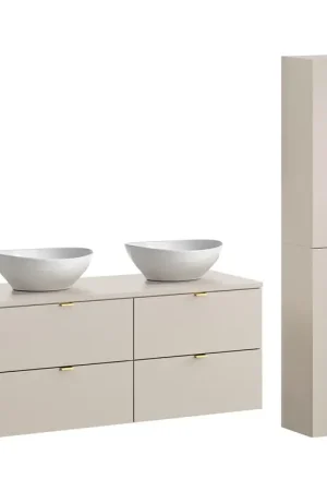 Prix Réduit Ensemble meuble double vasque 120cm et colonne Azel Cachemire