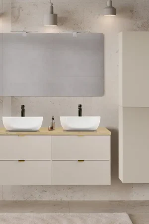 Ensemble meuble double vasque 120cm et colonne Azel Cachemire et Bois Vente Directe