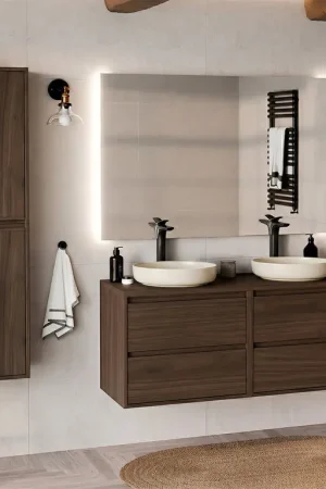 Bon Plan Ensemble meuble double vasque 120cm et colonne Edmé Bois foncé