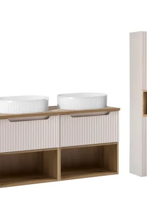 Ensemble meuble double vasque 120cm et colonne Riva Cachemire et Bois Retour Gratuit