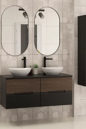 Ensemble meuble double vasque 120cm et colonne Sylla Noir et bois Réduction
