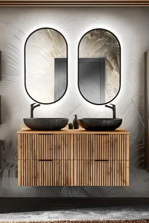 Ensemble meuble double vasque 120cm miroirs LED colonne et 3 armoires murales Gaia Bois et Noir - Vasque Noir Bon Marché