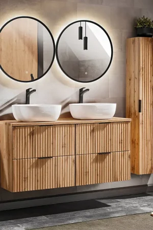Ensemble meuble double vasque 120cm miroirs LED et colonne Adriel Bois Nouvelle Collection
