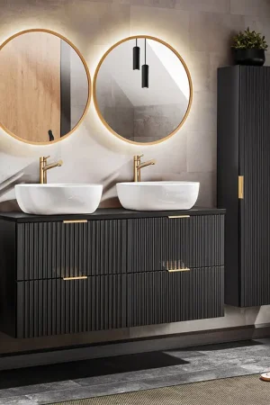 Ensemble meuble double vasque 120cm miroirs LED et colonne Adriel Noir Livraison Express