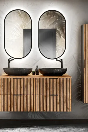 Ensemble meuble double vasque 120cm miroirs LED et colonne Gaia Bois et Noir - Vasque Noir Offre Limitée