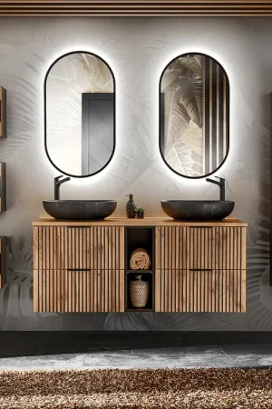 Ensemble meuble double vasque 140cm 2 niches colonne et 3 armoires murales Gaia Bois et Noir - Vasque Noir Promotion Saisonnière