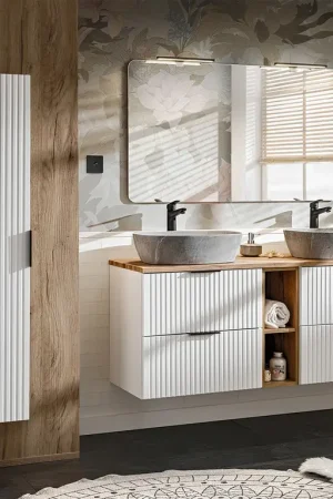 Seulement Aujourd'hui Ensemble meuble double vasque 140cm 2 niches et colonne Adriel Blanc et effet Pierre