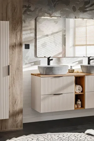 Ensemble meuble double vasque 140cm 2 niches et colonne Adriel Cachemire Bois et effet Pierre Produit De Marque