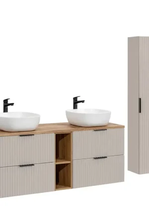 Réduction Ensemble meuble double vasque 140cm 2 niches et colonne Adriel Cachemire et Bois