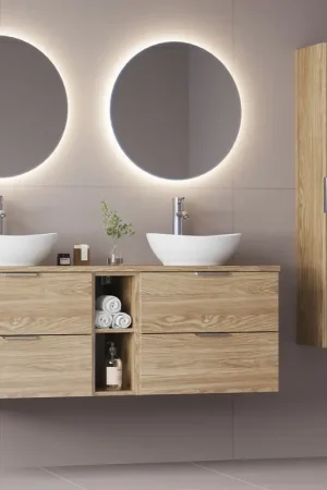 Vente Directe Ensemble meuble double vasque 140cm 2 niches et colonne Astrid Bois