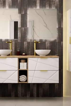 Offre Limitée Ensemble meuble double vasque 140cm 2 niches et colonne Aurora Blanc et Bois
