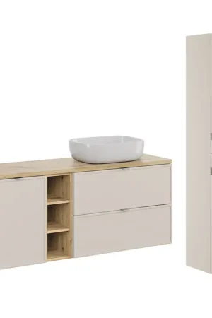 Ensemble meuble simple vasque 140cm 3 niches panier à linge et colonne Alba Cachemire Quantité Limitée