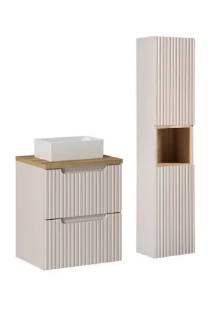 Ensemble meuble simple vasque 50cm 2 tiroirs et colonne Riva Cachemire et Bois Remise