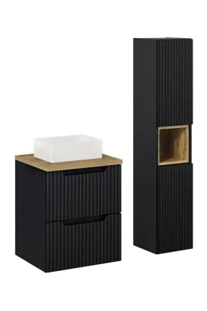 Ensemble meuble simple vasque 50cm 2 tiroirs et colonne Riva Noir et Bois Offre Du Jour
