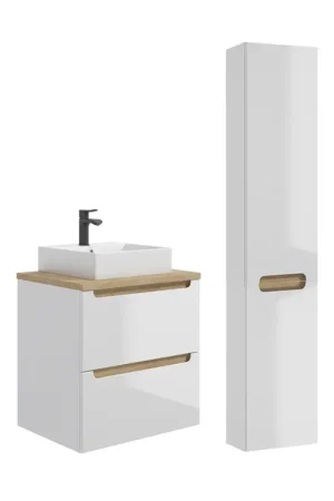 Ensemble meuble simple vasque 60cm 2 tiroirs et colonne Livia Blanc et Bois Offre Spéciale