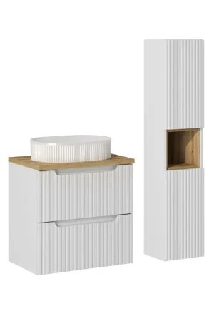 Prix Cassé Ensemble meuble simple vasque 60cm 2 tiroirs et colonne Riva Blanc et Bois