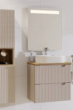 Paiement Sécurisé Ensemble meuble simple vasque 60cm 2 tiroirs et colonne Riva Cachemire et Bois