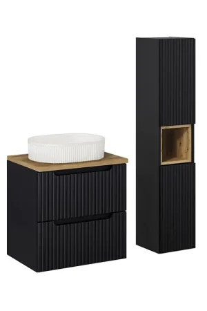 Petit Prix Ensemble meuble simple vasque 60cm 2 tiroirs et colonne Riva Noir et Bois