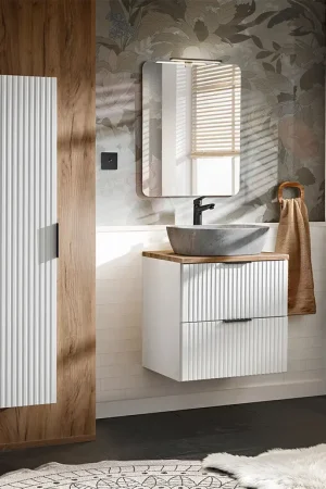 Quantité Limitée Ensemble meuble simple vasque 60cm et colonne Adriel Blanc et effet Pierre