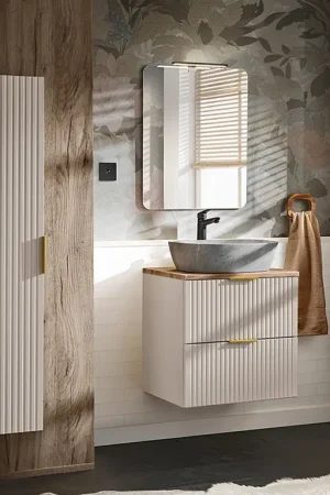 Ensemble meuble simple vasque 60cm et colonne Adriel Cachemire Bois et effet Pierre Vente Flash
