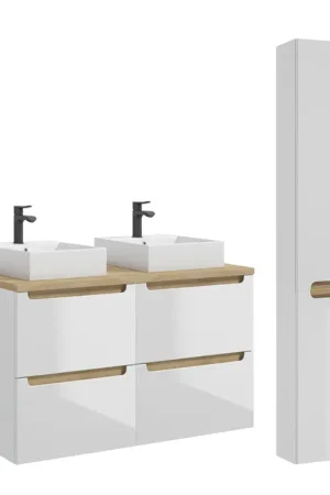 Nouvelle Collection Ensemble meuble double vasque 120cm 4 tiroirs et colonne Livia Blanc et Bois