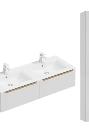 Ensemble meuble double vasque encastrée 120cm 2 tiroirs et colonne Livia Blanc et Bois Remise
