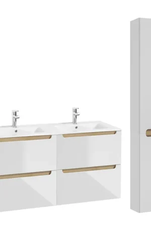 Soldes Ensemble meuble double vasque encastrée 120cm 4 tiroirs et colonne Livia Blanc et Bois