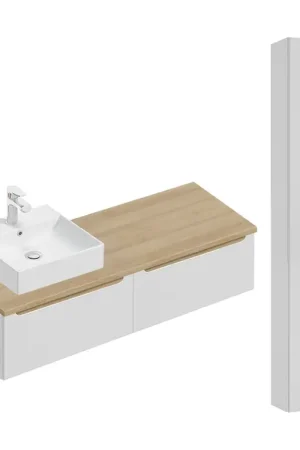 Bon Plan Ensemble meuble simple vasque 120cm 2 tiroirs et colonne Livia Blanc et Bois