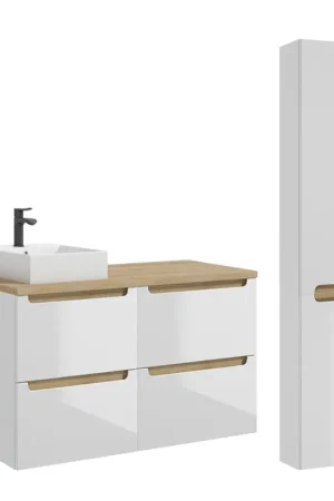 Bon Plan Ensemble meuble simple vasque 120cm 4 tiroirs et colonne Livia Blanc et Bois
