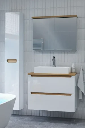 Certifié Ensemble meuble simple vasque 80cm 2 tiroirs et colonne Livia Blanc et Bois