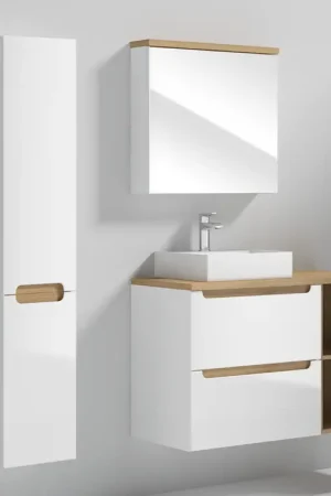 Solde Ensemble meuble simple vasque 90cm 2 niches et colonne Livia Blanc et Bois