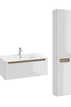 Prix Cassé Ensemble meuble simple vasque encastrée 80cm 1 tiroir et colonne Livia Blanc et Bois