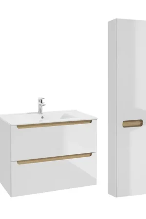 Paiement Sécurisé Ensemble meuble simple vasque encastrée 80cm 2 tiroirs et colonne Livia Blanc et Bois