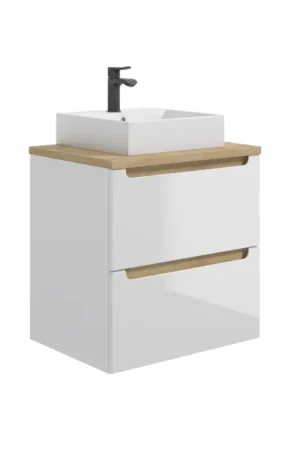 Meuble simple vasque 60cm 2 tiroirs Livia Blanc et Bois Nouvelle Collection