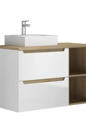 Meuble simple vasque 90cm 2 niches Livia Blanc et Bois Dernière Chance