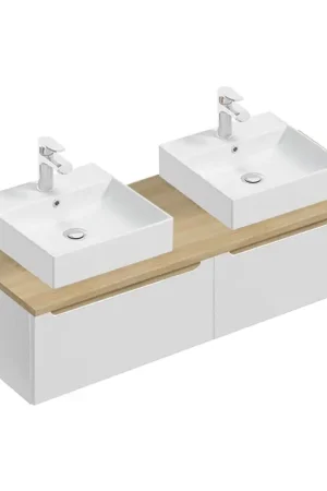 Meuble double vasque 120cm 2 tiroirs Livia Blanc et Bois Prix Réduit