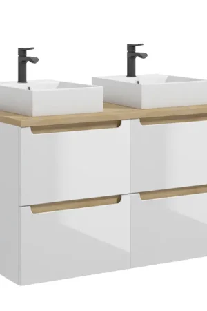 Satisfait Ou Remboursé Meuble double vasque 120cm 4 tiroirs Livia Blanc et Bois