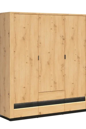 Armoire 3 portes 2 tiroirs avec LED Glenn Bois et Noir Haute Qualité