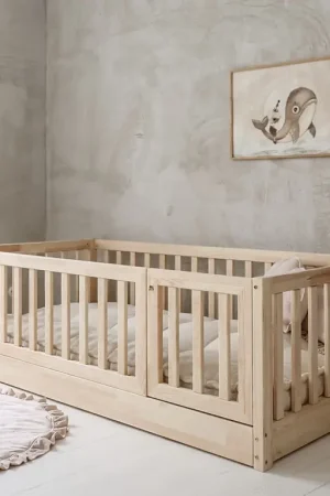 Lit au sol 120x200 entrée droite barrière et sommier inclus Bambino Bois Soldes