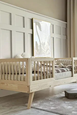 Lit 90x190 barrières hautes et sommier inclus pieds 20 cm Maylis Bois Seulement Aujourd'hui