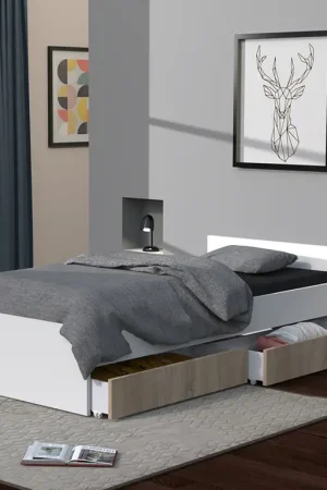 Lit 90x190 tiroirs inclus Orson Bois blanchi et Blanc Paiement Sécurisé