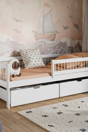 Dernier Modèle Lit 90x200 sommier et tiroirs inclus Edouard Blanc