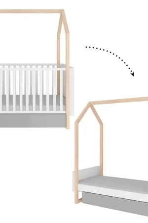 Lit évolutif cabane 70x140 en 70x160 tiroir inclus Bellamy Pinette Blanc et gris Authentique