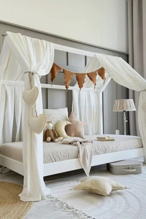 Expédition Rapide Ciel de lit en mousseline double pour 70x140 Blanc et or