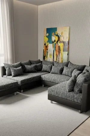Canapé-panoramiqueClovis Noir modulable avec tabouret Nouvel Arrivage