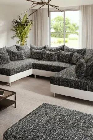 Canapé panoramiqueClovis Blanc Noir modulable avec tabouret Nouvel Arrivage